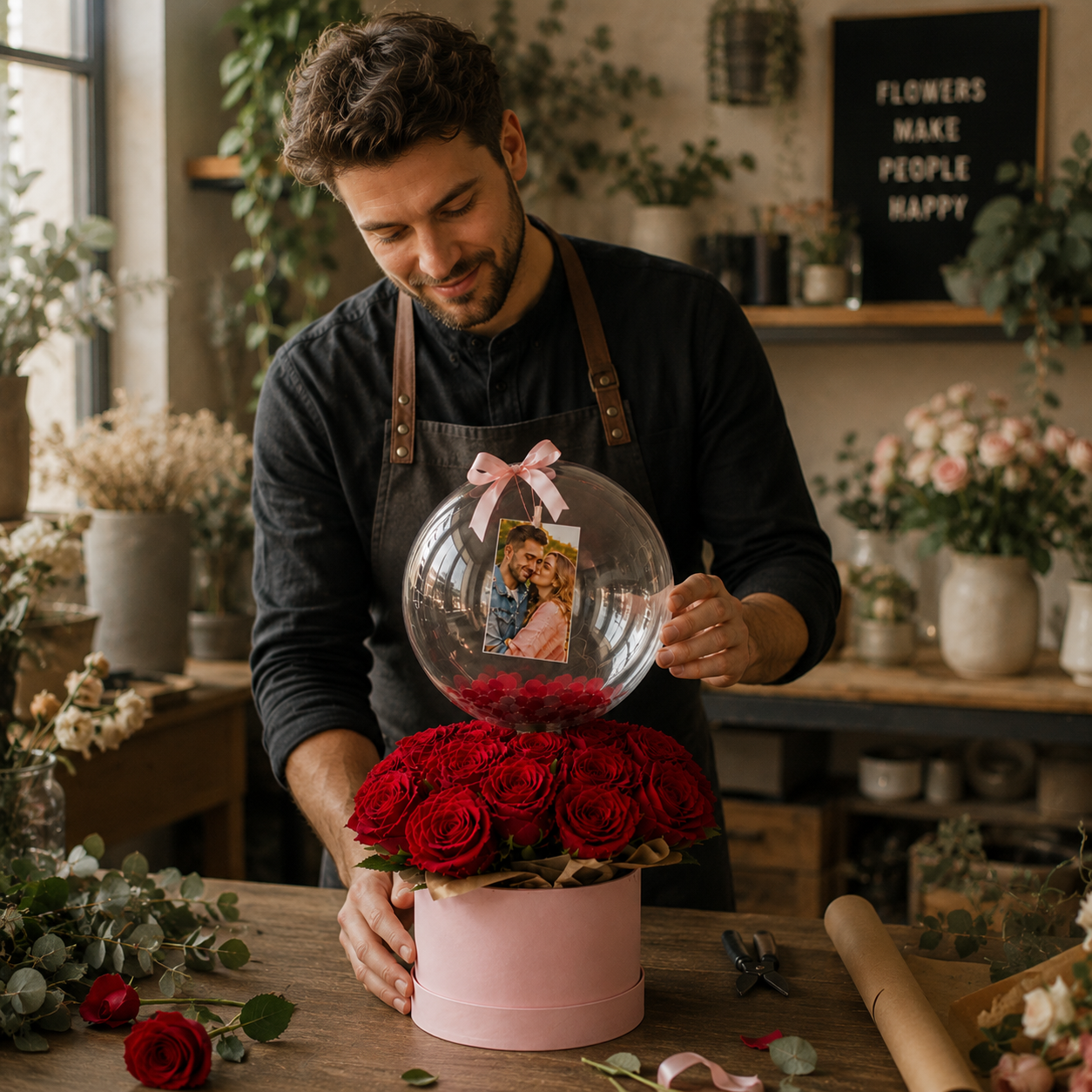 Blumenstrauß mit Fotoballon – das persönlichste Geschenk, das es gibt